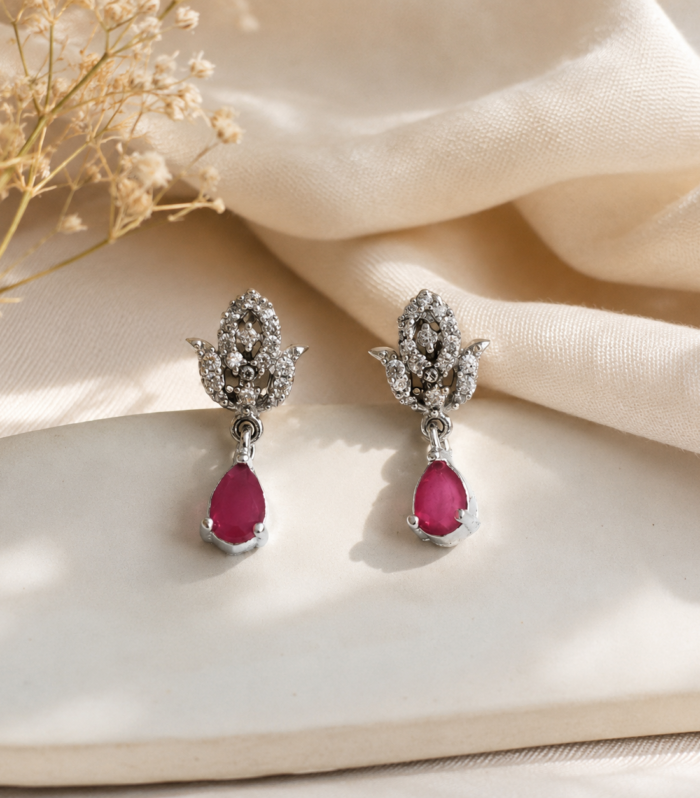Ruby CZ 925 Sterling Silver Floral Pear Cut Drop Stud Earrings