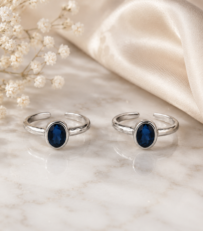 Blue Sapphire Oval Toe in Sterling Silver Ring Adjustable Open Band Design