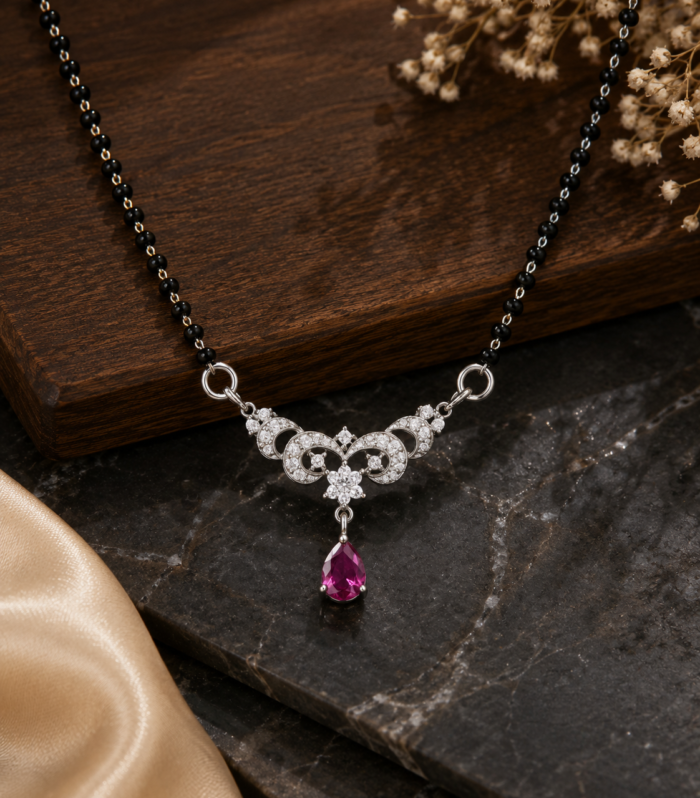 925 Sterling Silver Ruby Floral Circle Mangalsutra with Pear-Shaped Drop
