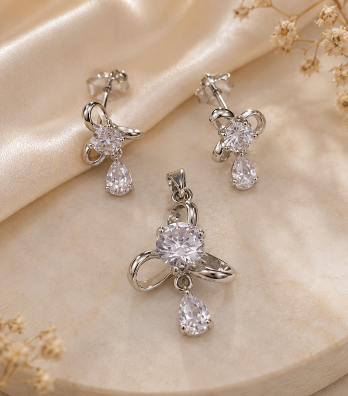 Elegant Loop-Design CZ Pendant & Earrings Set teardrop accents