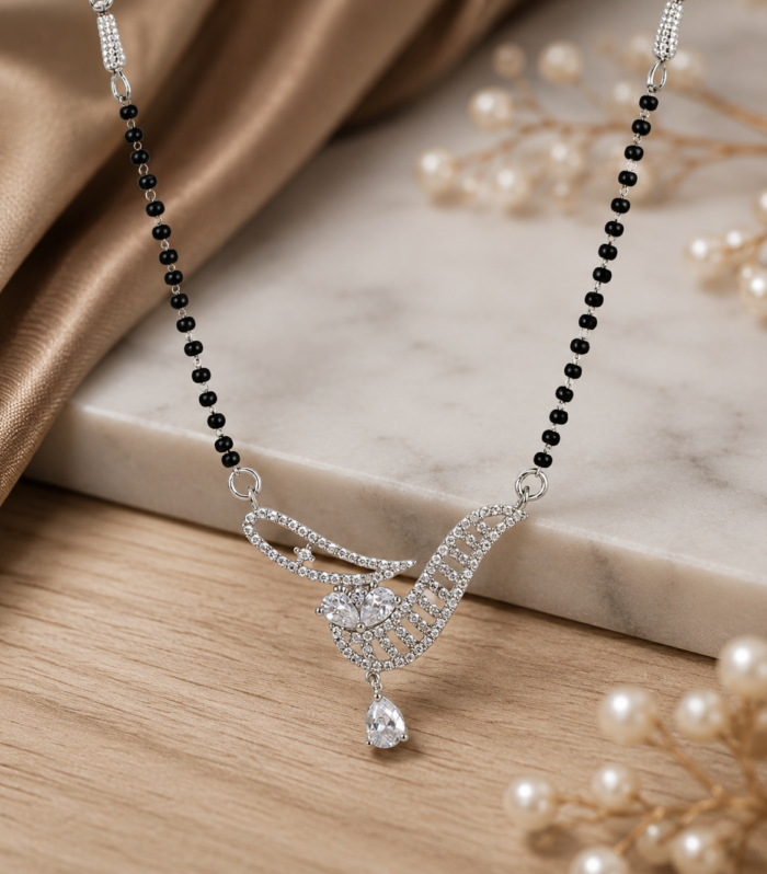 Elegant 925 Sterling Silver CZ Leaf Mangalsutra