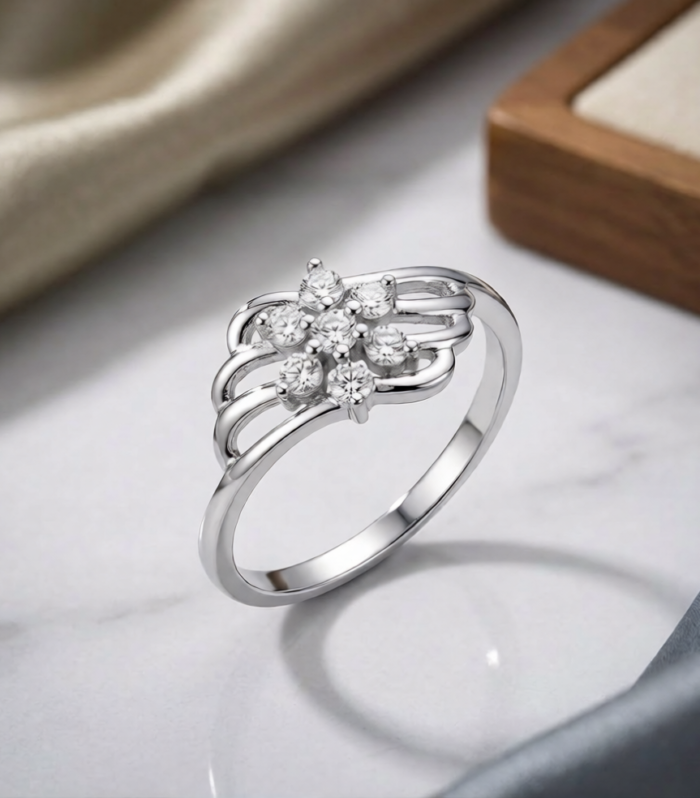 Floral Cluster CZ Split Shank Sterling Silver Ring