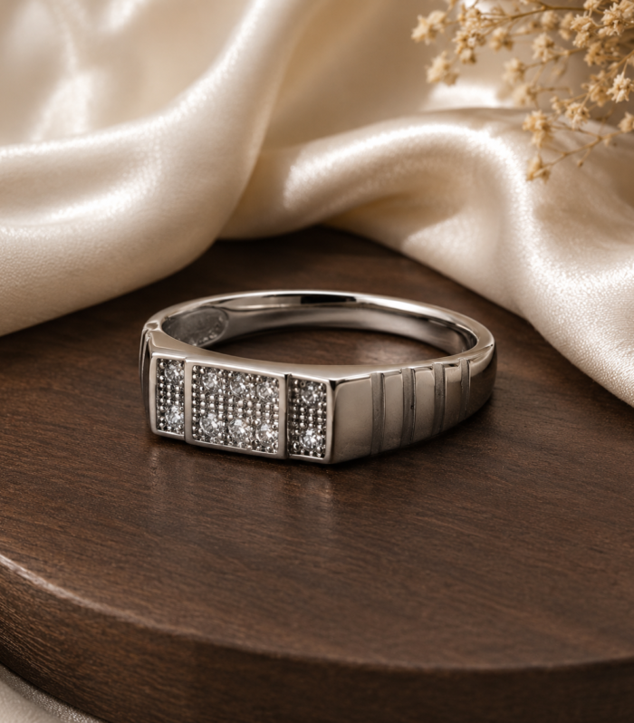 925 Sterling Silver Men's Triple Panel CZ Textured Statement Ring