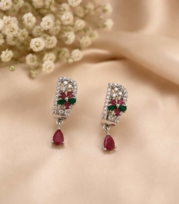 Ruby Emerald CZ 925 Sterling Silver Floral Drop Stud Earrings