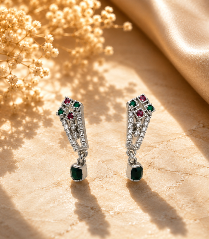 Emerald Ruby CZ 925 Sterling Silver Huggie Hoop Drop Earrings