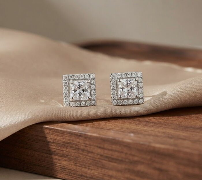 Princess Cut Cubic Zirconia Square Halo Stud Earrings for Women – Elegant CZ Earrings