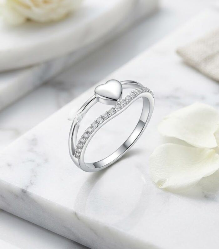 Heart CZ Bypass Sterling Silver Ring with CZ Accents Minimal Look