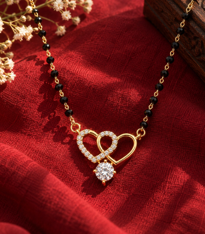 Double Heart Mangalsutra Black Beaded Necklace CZ Heart Pendant Wedding Jewelry