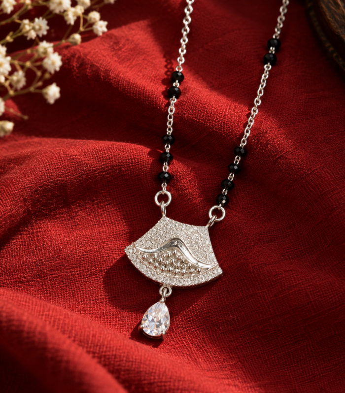 Black Beaded Mangalsutra with Silver Paisley Pendant CZ Teardrop Traditional Indian Wedding Jewelry