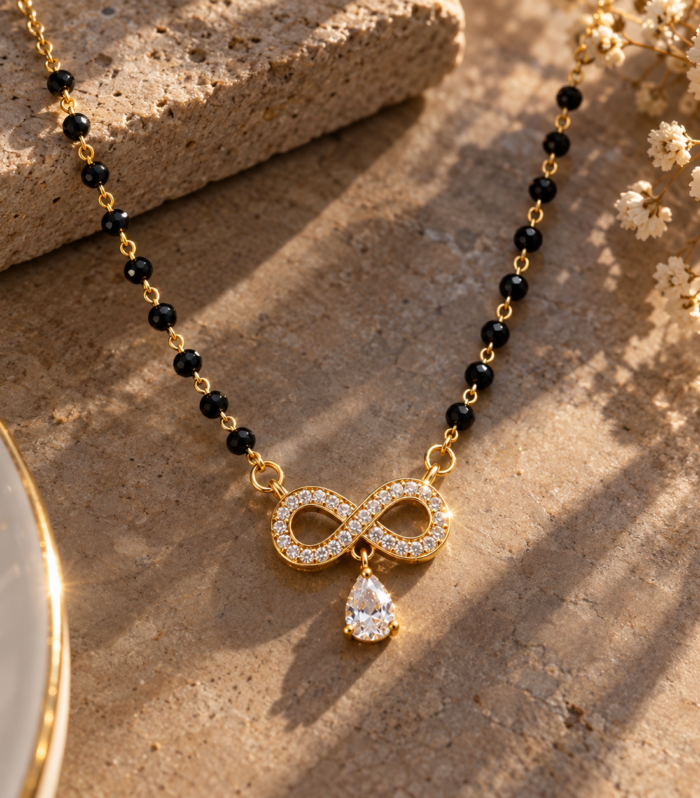 Infinity Necklace 925 Sterling Silver Black Beaded with CZ Teardrop Charm