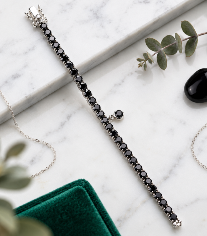 Black Cubic Zirconia Tennis Bracelet 925 Sterling Silver Round Cut Sparkling Line Bracelet
