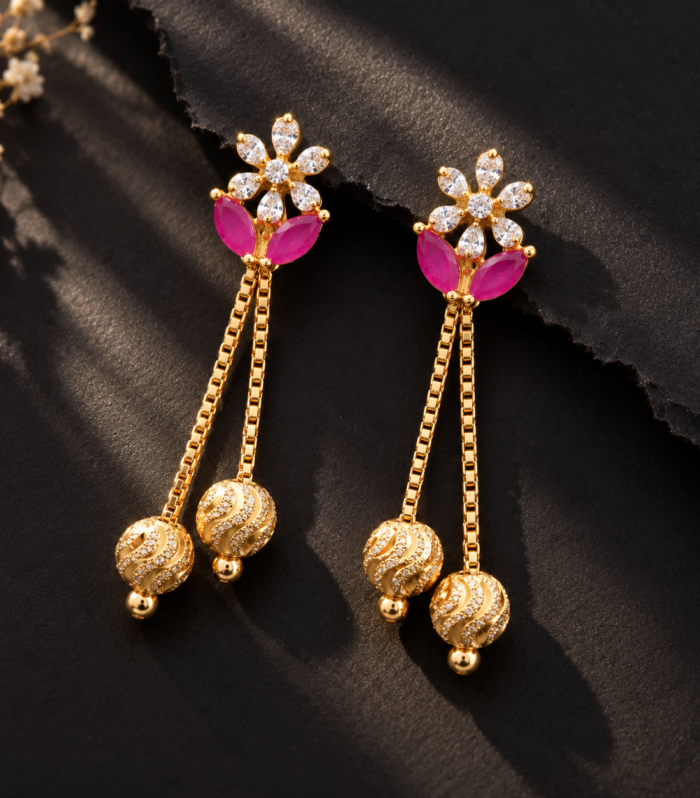 Rosé Bloom Ruby & CZ Long Drop Earrings