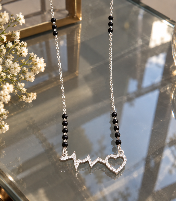 Black Beaded Mangalsutra CZ Heartbeat Heart Pendant Traditional Indian Jewelry 925 Sterling Silver