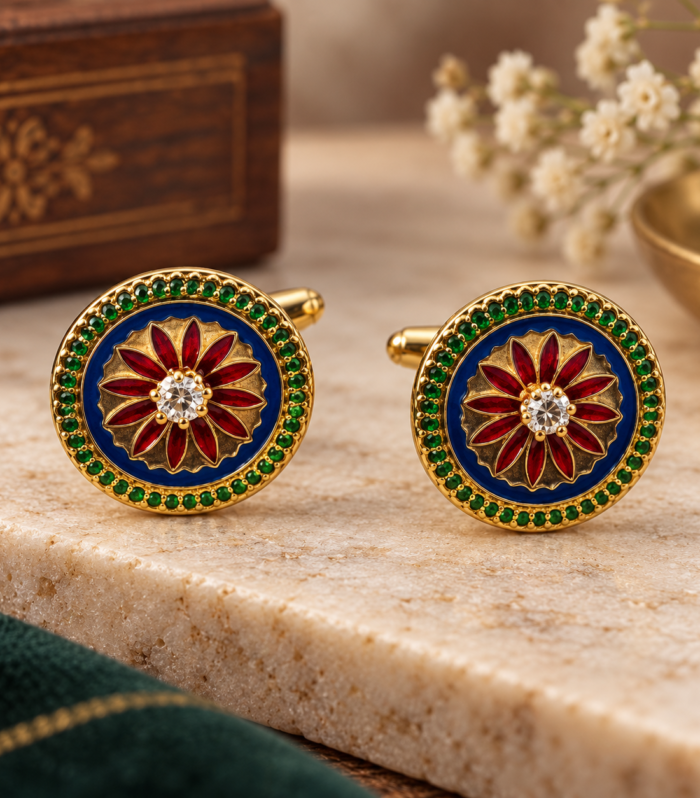Floral Enamel Cufflinks Cubic Zirconia Red Blue Green Mens Jewelry 925 Sterling Silver