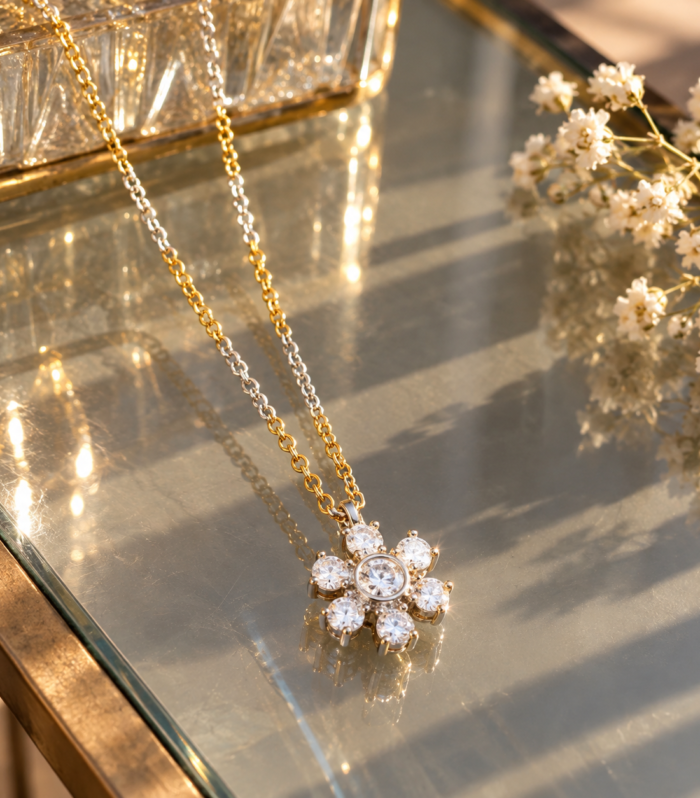 925 Sterling Silver Rhodium Plated CZ Floral Pendant Necklace Elegant Two Tone Jewelry Gift