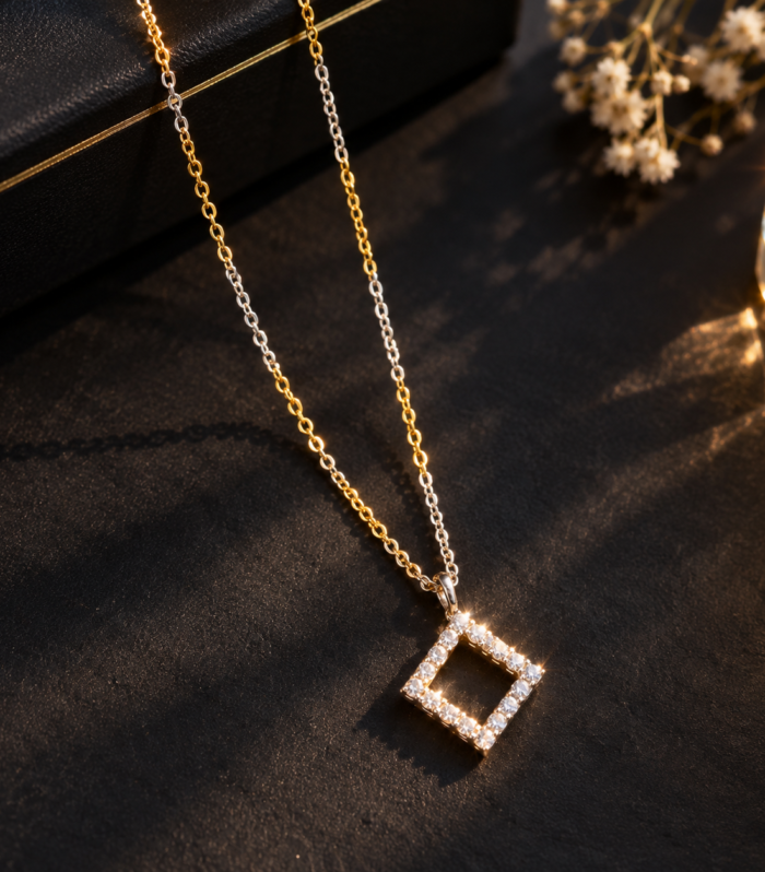 CZ Diamond Square Pendant Necklace Two Tone Elegant Jewelry Gift 925 Sterling Silver Rhodium Plated
