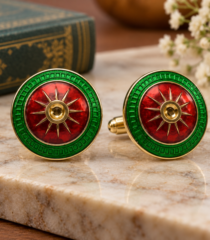 Sunburst Design Luxury Mens Formal Jewelry 925 Sterling Silver Green Red Enamel Round Cufflinks