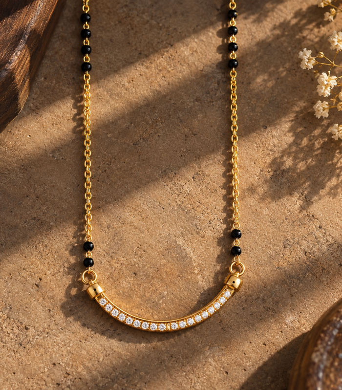 Gold Plated CZ Curved Bar Black Beaded Mangalsutra Necklace