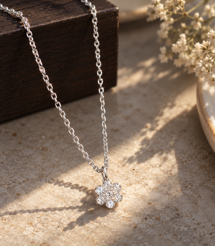 Floral Sparkle Jewelry Gift 925 Sterling Silver CZ Daisy Bloom Pendant Necklace Petite