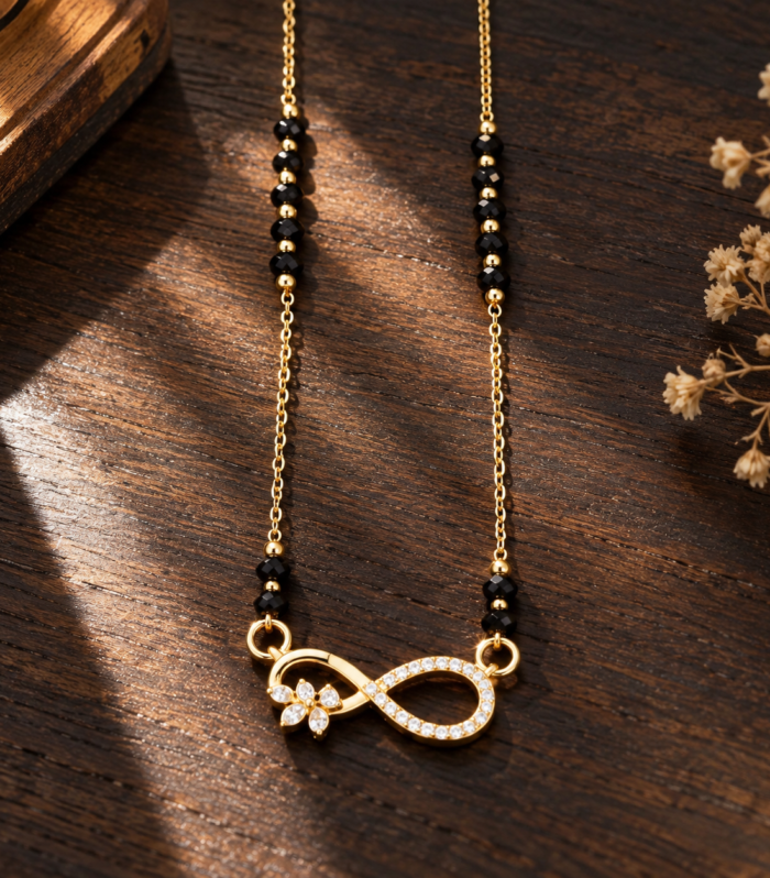 Black Beaded Mangalsutra Infinity Pendant with CZ Floral Accent 925 Sterling Silver Gold Plated