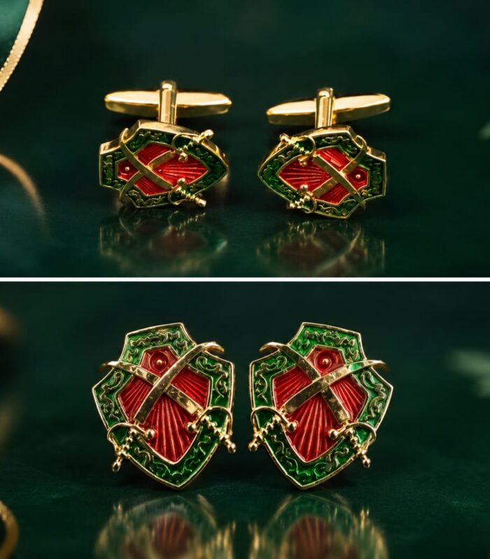 925 Sterling Silver Cufflinks Green Red Enamel Shield Design Luxury Mens Formal Jewelry