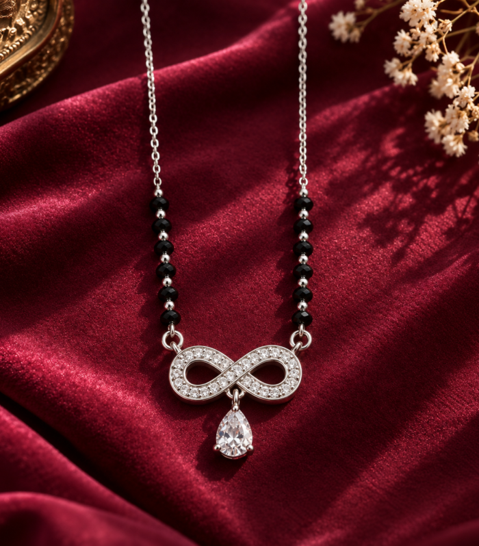 Black Onyx Beaded Infinity Necklace with CZ Teardrop Pendant 925 Sterling Silver Elegant Gift for Her