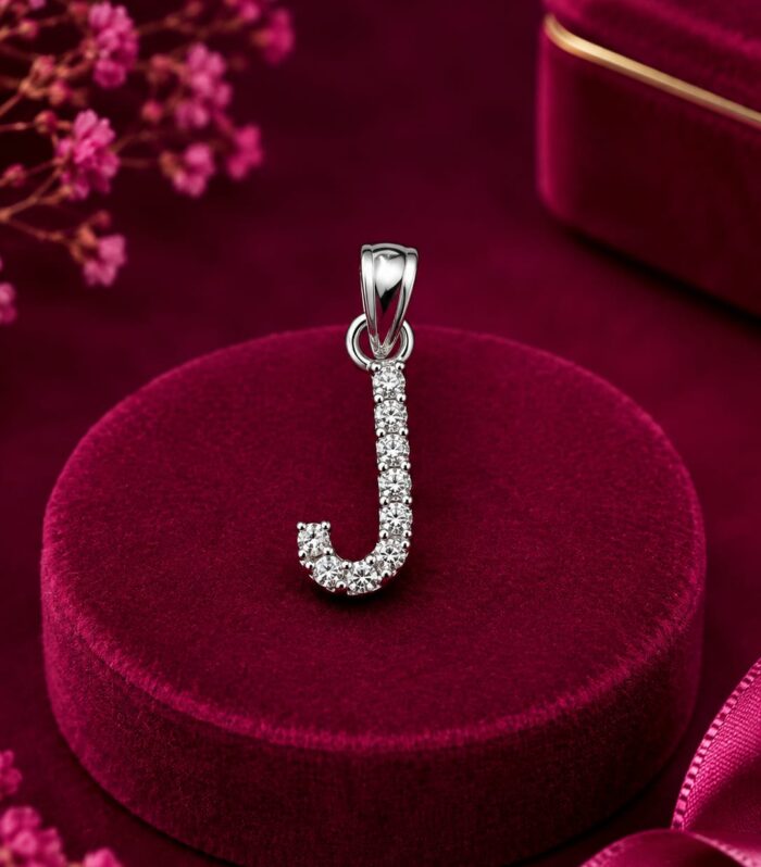 J Initial Charm Pendant with Brilliant Stones in 925 Sterling Silver