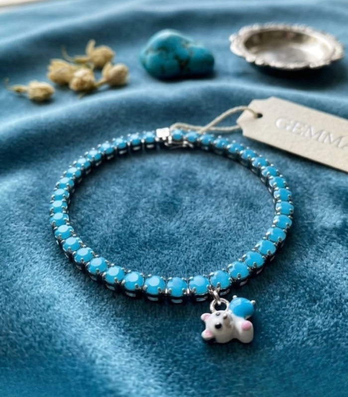Blue Beaded Charm Bracelet with Teddy Bear Pendant Cute Double Row Bracelet