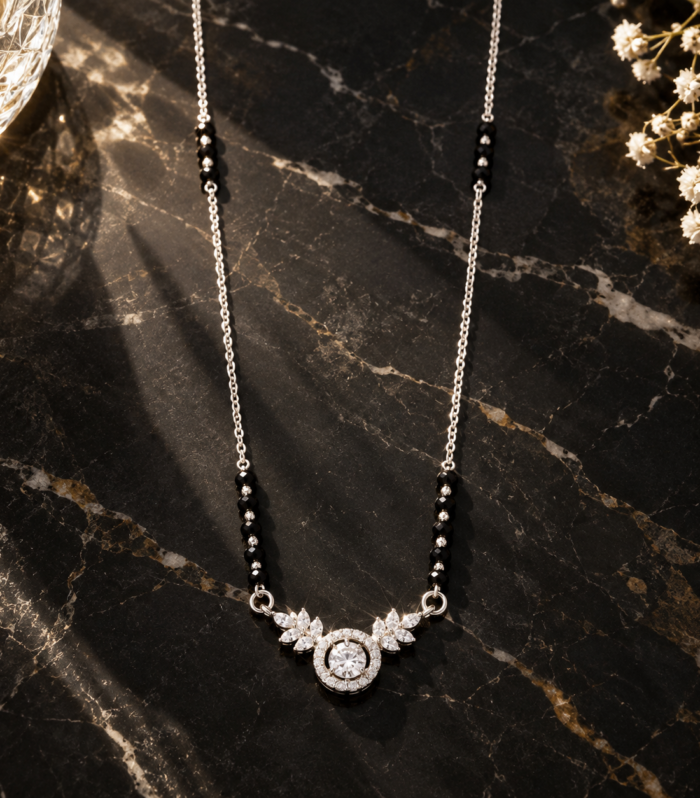 Black Beaded Mangalsutra Floral Halo Pendant with CZ Stones 925 Sterling Silver