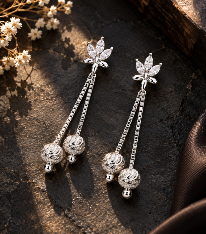 Floral Long Drop Earrings with Double Chain & Textured Ball Dangles CZ Diamond