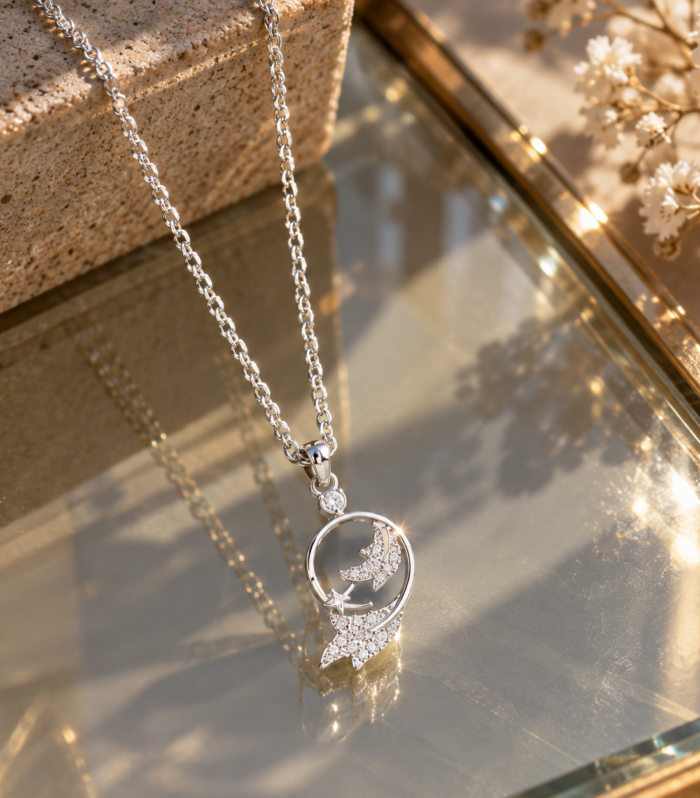 Elegant Celestial Jewelry Gift 925 Sterling Silver Rhodium Plated CZ Moon Butterfly Pendant Necklace