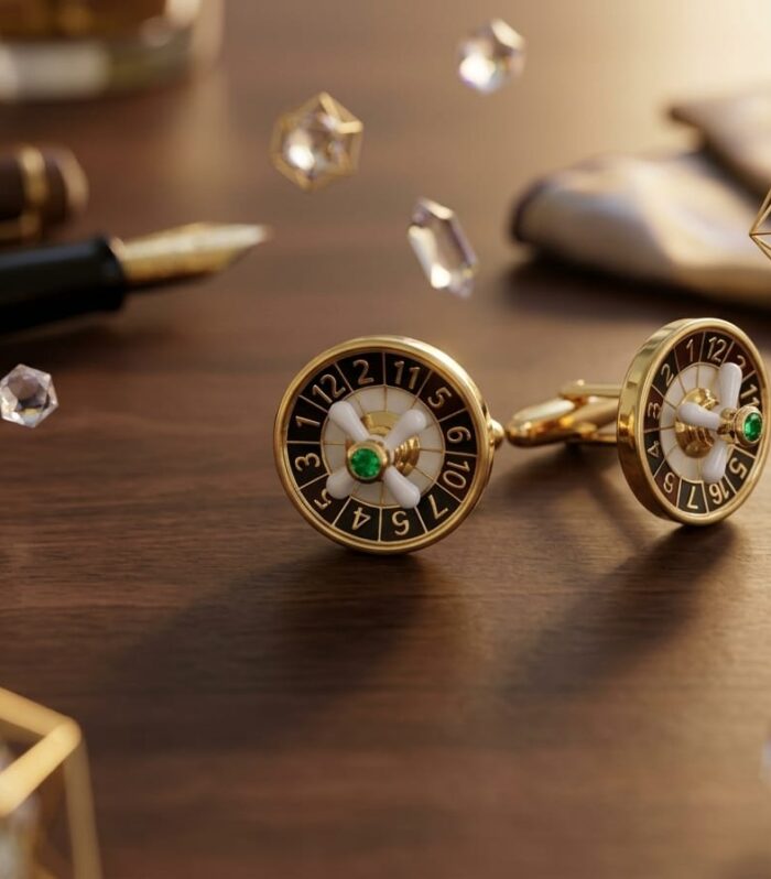 925 Sterling Silver Cufflinks Green Cubic Zirconia Roulette Inspired Luxury Mens Formal Jewelry