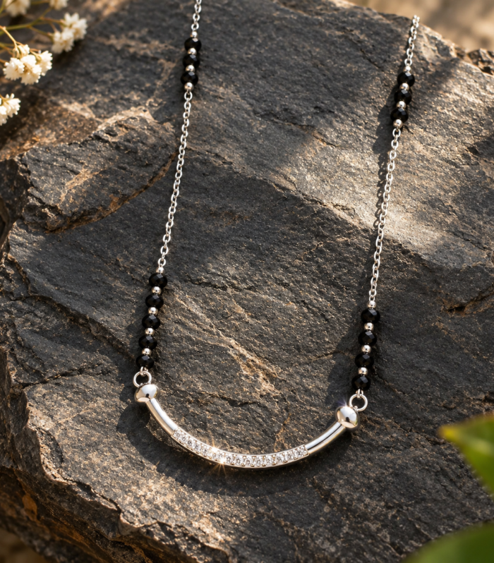 CZ Curved Bar Black Beaded Mangalsutra Necklace