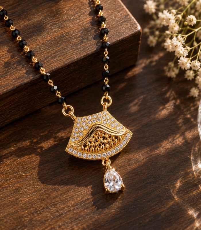 Gold Tone Pendant Necklace with CZ Paisley Design and Pear Drop Crystal Elegant Jewelry