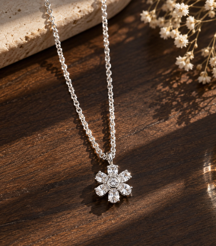 CZ Petal Blossom Necklace Floral Pendant Brilliant Sparkle in Sterling Silver