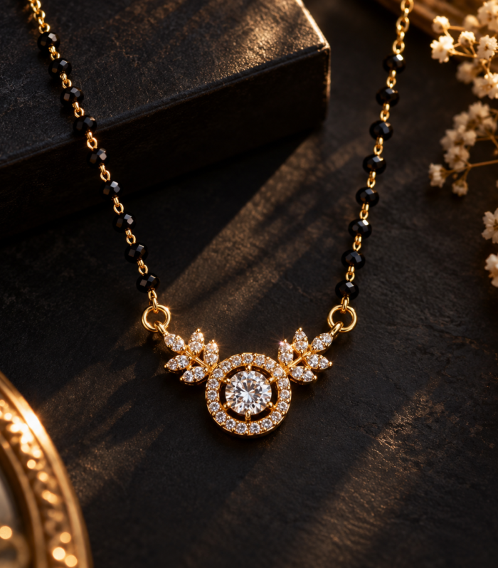Floral CZ Mangalsutra Necklace Black Bead Chain Gold Plated Indian Bridal Jewelry