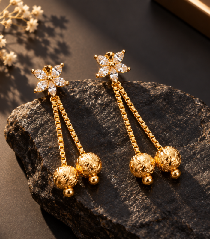 CZ Diamond Floral Drop Earrings with Long Chain & Textured Gold Ball Dangles