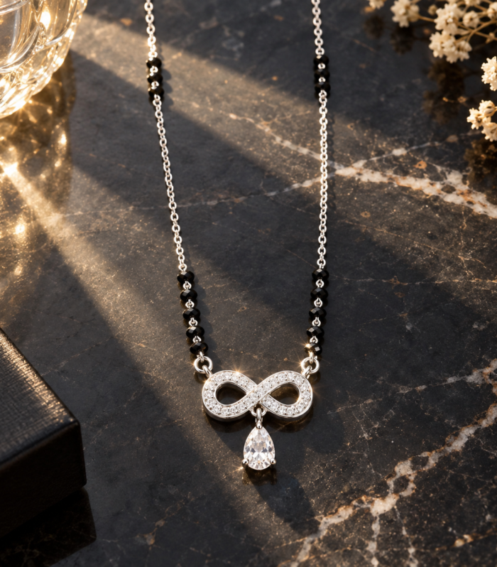 Sterling Silver Black Beaded Mangalsutra Infinity Pendant with CZ Pear Drop Traditional Look