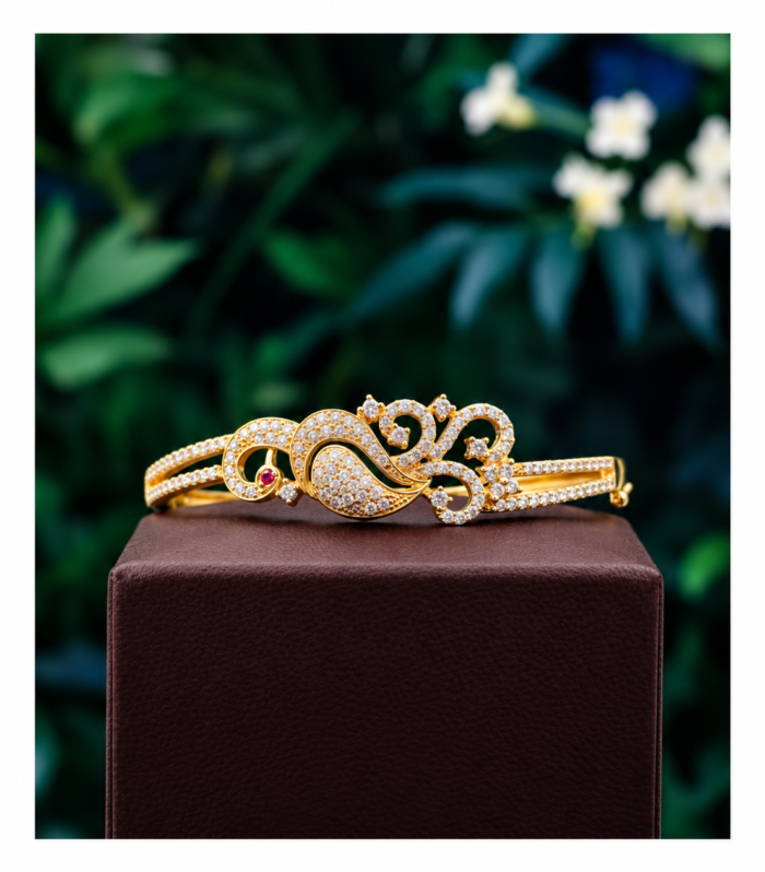925 Sterling Silver Gold Tone Floral Swirl Bangle with CZ Diamond Accents