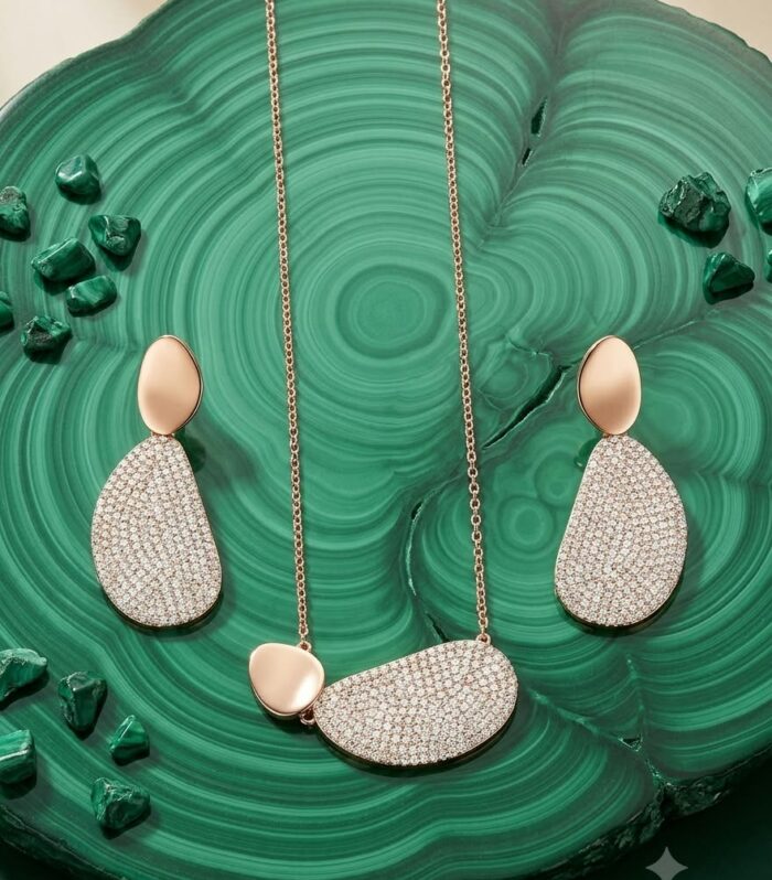 Rose Gold Tone Geometric Pendant and Drop Earrings Set in 925 Sterling Silver with CZ Diamonds