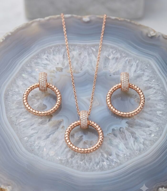 Rose Gold Tone Circle Pendant and Earrings Set in 925 Sterling Silver with CZ Diamond Accents