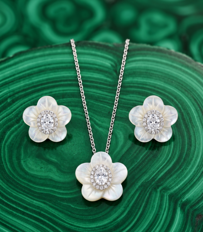 White Floral CZ Diamond Pendant and Earrings Set in 925 Sterling Silver