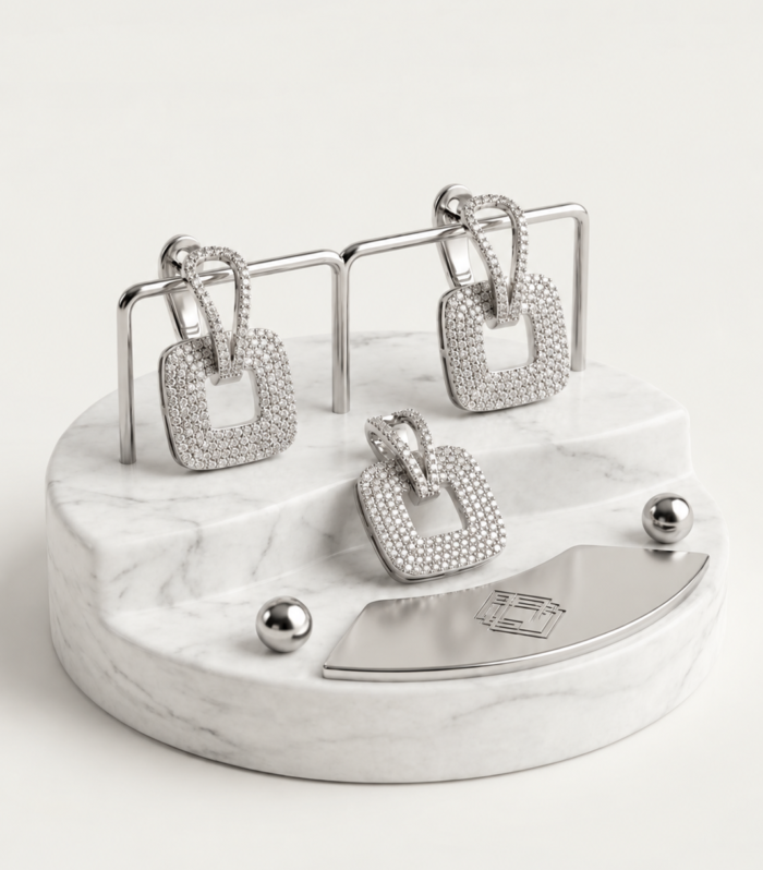 925 Sterling Silver CZ Diamond Pendant and Earrings Set – Geometric Pavé Jewelry Set