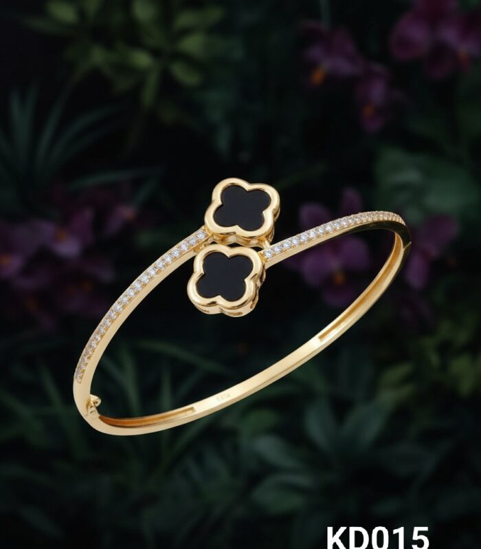 925 Sterling Silver Gold Finish Bangle with Black Clover Motifs and CZ Diamond Accents