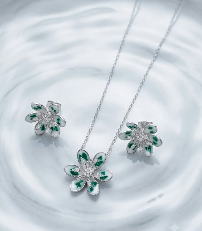 Green Floral Pendant and Earrings Set in 925 Sterling Silver with CZ Diamond Accents
