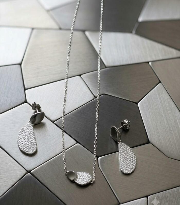 Textured Teardrop Pendant and Earrings Set in 925 Sterling Silver with CZ Diamond Accents