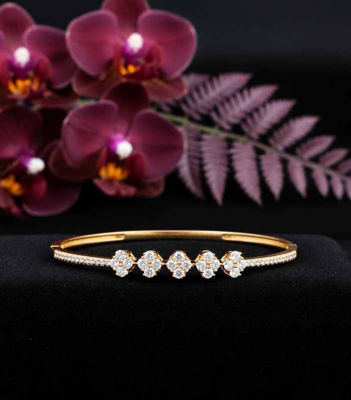 Floral Bangle with Five CZ Diamond Flower Motifs in 925 Sterling Silver