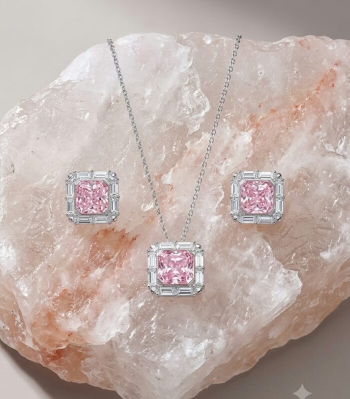 925 Sterling Silver Pink CZ Diamond Pendant and Earrings Set with Geometric Halo Design
