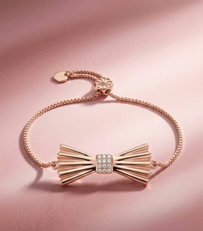 Rose Gold Bow Design CZ Diamond Bracelet in 925 Sterling Silver
