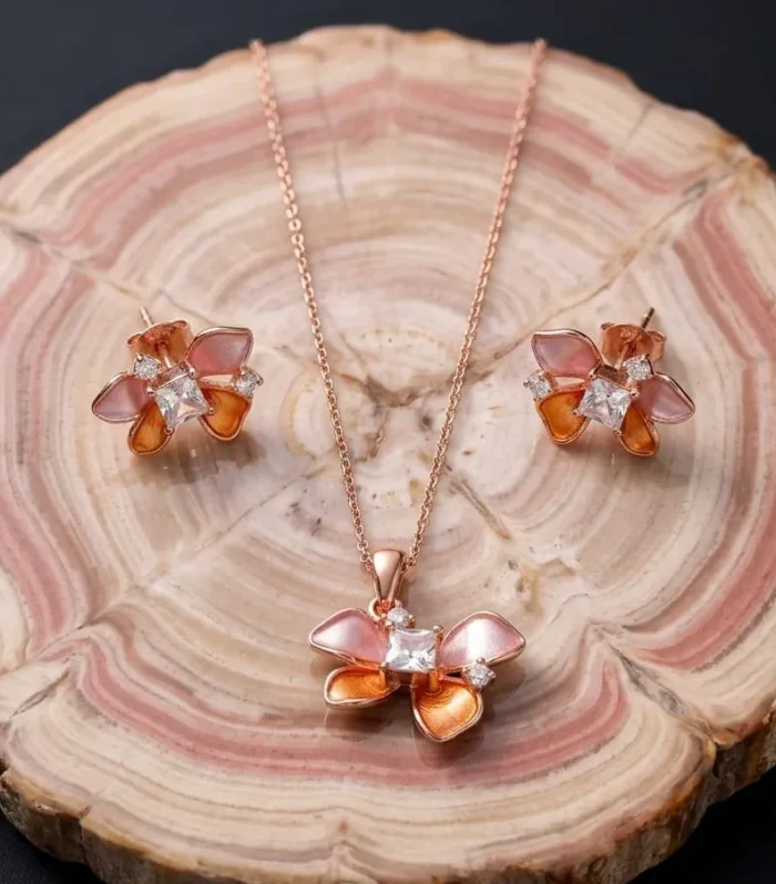 Floral CZ Pendant and Earrings Set in 925 Sterling Silver with Pink and Orange Enamel